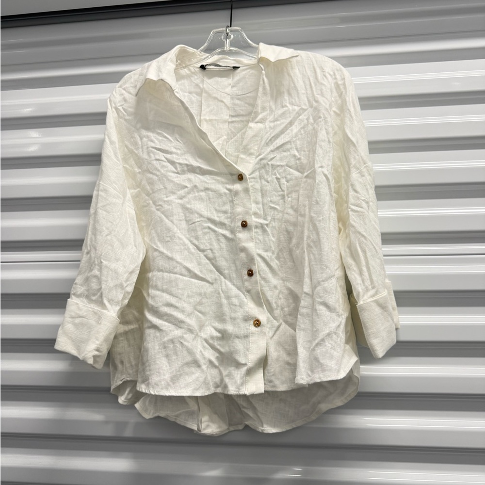 Zara white button down shirt shacket linen blend top small